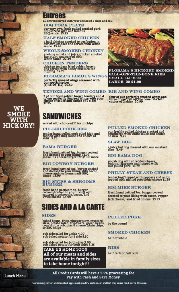 Menu page showing entrees section with a list of items on the left and a photo of smoked ribs on the right; large 'We Smoke with Hickory' banner on the left.